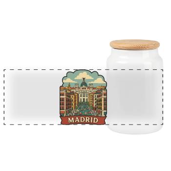 Madrid Gran Via Metropolis Retro-Reiseaufkleber - Panorama Keksdose mit Holzdeckel - Weiß - Vorne