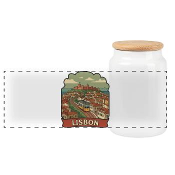 Lisbon Yellow Tram Retro Travel Badge - Panoramic Cookie Jar with Wooden Lid - white - Front
