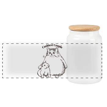 "Cushiest Couple" Katze und Meerschweinchen - Panorama Keksdose mit Holzdeckel - Weiß - Vorne