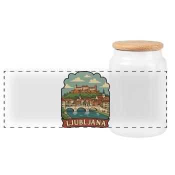 Ljubljana Slovenia Castle Vintage Travel Badge - Panoramic Cookie Jar with Wooden Lid - white - Front