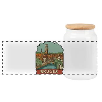 Autocollant de badge rétro de voyage du clocher de Bruges Belgique - Boîte à biscuits avec couvercle en bois - blanc - Devant