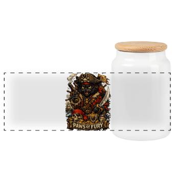 Paws of Fury – Pirate Cat with Saber and Treasure - Panoramic Cookie Jar with Wooden Lid - white - Front