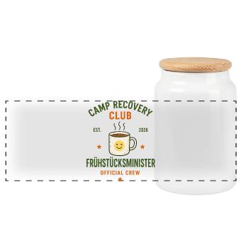 Frühstücksminister – Camp Recovery Club Crew - Panorama Keksdose mit Holzdeckel - Weiß - Vorne