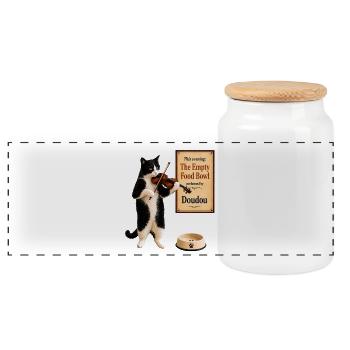 Violin Cat - The Empty Food Bowl - Panoramic Cookie Jar with Wooden Lid - white - Front