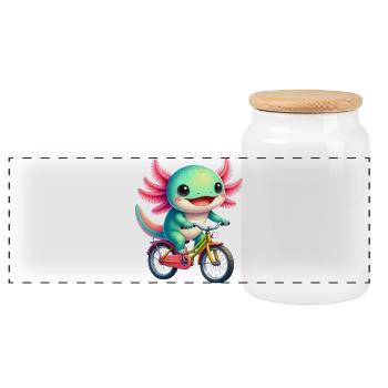 Kleiner Axolotl auf einem Fahrrad - Panorama Keksdose mit Holzdeckel - Weiß - Vorne