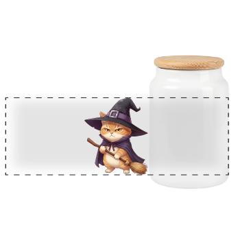 Chat en sorcière à Halloween - Boîte à biscuits avec couvercle en bois - blanc - Devant