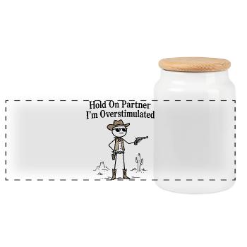 Cowboy Stickman Humor Sensory Overload - Panoramic Cookie Jar with Wooden Lid - white - Front