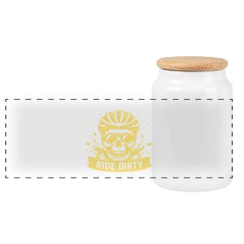 Gravel Bike Skull – Ride Dirty Stay Happy - Panoramic Cookie Jar with Wooden Lid - white - Front