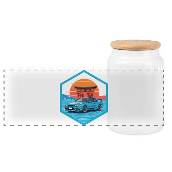 Retro 90er JDM R34 Torii Gate Japan Hex-Emblem - Panorama Keksdose mit Holzdeckel - Weiß - Vorne