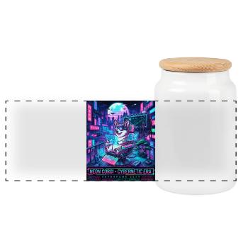 Neon Corgi Cybernetic Era Vaporpunk 2049 - Panoramic Cookie Jar with Wooden Lid - white - Front