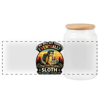 Funny Sloth Hiking Gift for Campers - Panoramic Cookie Jar with Wooden Lid - white - Front