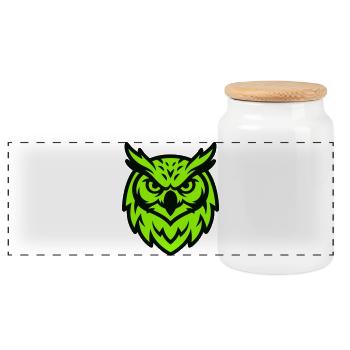 Gruene Eule Maskottchen Logo - Panorama Keksdose mit Holzdeckel - Weiß - Vorne