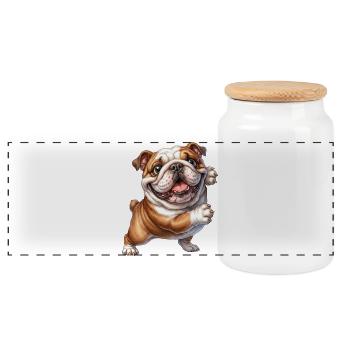 Happy Bulldog Motif - Panoramic Cookie Jar with Wooden Lid - white - Front