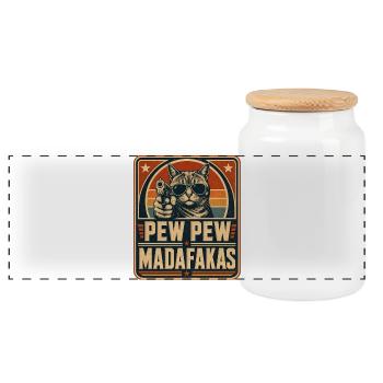 Pew Pew Madafakas Katze - Panorama Keksdose mit Holzdeckel - Weiß - Vorne