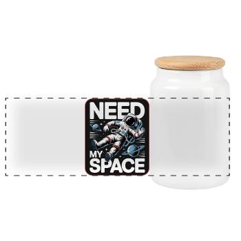 Raumfahrt-Statement: Need My Space - Panorama Keksdose mit Holzdeckel - Weiß - Vorne