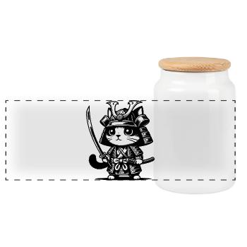 Samurai-Katze – Originalgeschenk - Panorama Keksdose mit Holzdeckel - Weiß - Vorne
