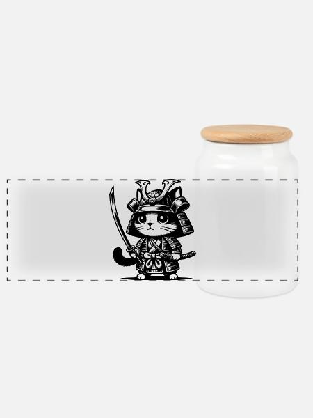 Samurai-Katze – Originalgeschenk - Panorama Keksdose mit Holzdeckel - Weiß