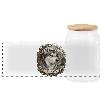 Husky in vintage style with mountain landscape - Panoramic Cookie Jar with Wooden Lid - white - Front