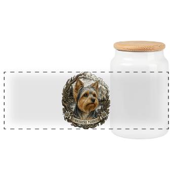 Yorkshire Terrier with Vintage Mountain Landscape - Panoramic Cookie Jar with Wooden Lid - white - Front