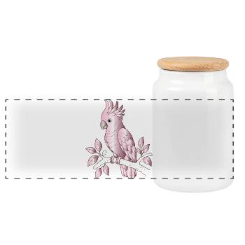 Pink cockatoo on branch cartoon design - Panoramic Cookie Jar with Wooden Lid - white - Front