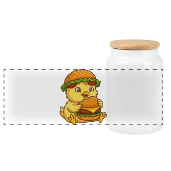 Cute Chicken Chick Cartoon Burger Funny - Panoramic Cookie Jar with Wooden Lid - white - Front
