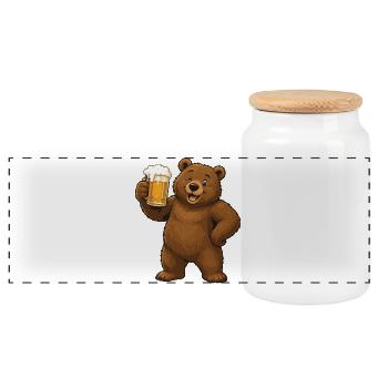 Beer Drinking Bear Cartoon - Panoramic Cookie Jar with Wooden Lid - white - Front