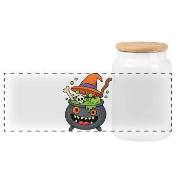 Cute Halloween Cauldron Monster - Panoramic Cookie Jar with Wooden Lid - white - Front