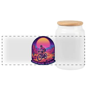 Synthwave-Kiesradfahrer, der Horizonte jagt - Panorama Keksdose mit Holzdeckel - Weiß - Vorne