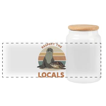 Respect The Locals Seal & Turtle - Panoramic Cookie Jar with Wooden Lid - white - Front