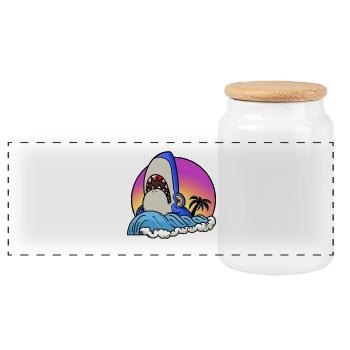 Shark surfer at sunset wave - Panoramic Cookie Jar with Wooden Lid - white - Front