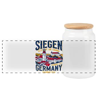 Vintage Siegen Germany City Of The Crown - Panoramic Cookie Jar with Wooden Lid - white - Front