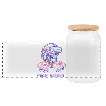 Cyberpunk VR Skull Arcade - F#CK SCHOOL - Panoramic Cookie Jar with Wooden Lid - white - Front