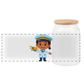 Capitaine de Kawaii avec avion – Art de pilote mignon - Boîte à biscuits avec couvercle en bois - blanc - Devant