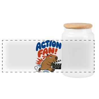 Action Fan – Capybara mit Filmklappe - Panorama Keksdose mit Holzdeckel - Weiß - Vorne