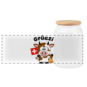 Gruezi Schweizer Kuh  - Panorama Keksdose mit Holzdeckel - Weiß - Vorne