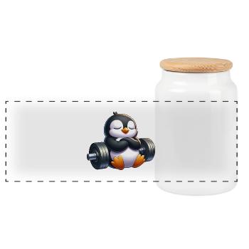 Pinguin mit Hantel Cartoon Relax Süß - Panorama Keksdose mit Holzdeckel - Weiß - Vorne