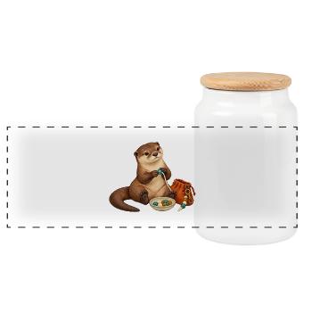 Otter fädelt einen Taschenanhänger - Panorama Keksdose mit Holzdeckel - Weiß - Vorne