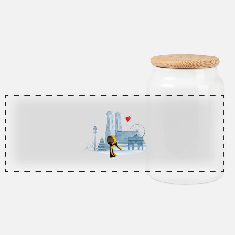 Skyline München mit Münchner Kindl und Herz - Panorama Keksdose mit Holzdeckel - Weiß