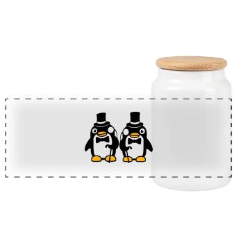 2 Messieurs Pingouin Sir M. Monocle Chapeau Haut de Forme - Boîte à biscuits avec couvercle en bois - blanc - Devant