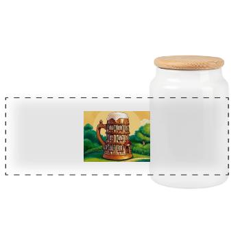 a half-timbered house in the shape of a beer - Panoramic Cookie Jar with Wooden Lid - white - Front