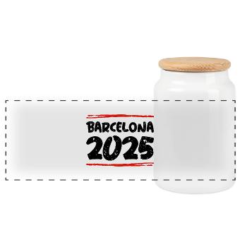 Barcelona 2025 Saying - Panoramic Cookie Jar with Wooden Lid - white - Front