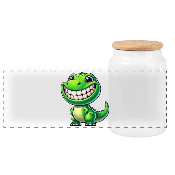 Cute Dinosaur T-Rex Cartoon Friendly - Panoramic Cookie Jar with Wooden Lid - white - Front