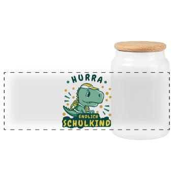 HURRA! ENDLICH SCHULKIND! - Dino Dinosaurier - Panorama Keksdose mit Holzdeckel - Weiß - Vorne
