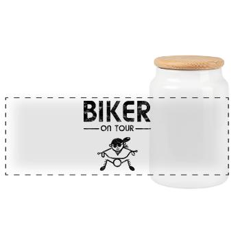 Riding a motorcycle - Biker On Tour - Panoramic Cookie Jar with Wooden Lid - white - Front