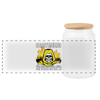 Dortmund ..durch die Hölle! Fußball Fanshirt Triko - Panorama Keksdose mit Holzdeckel - Weiß - Vorne