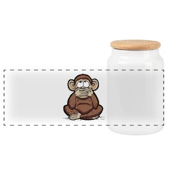Iwazaru - monkey speaks no evil - Panoramic Cookie Jar with Wooden Lid - white - Front