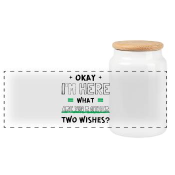 Cool Okay I'm Here What Are Your Other Two Wishes? - Panoramic Cookie Jar with Wooden Lid - white - Front