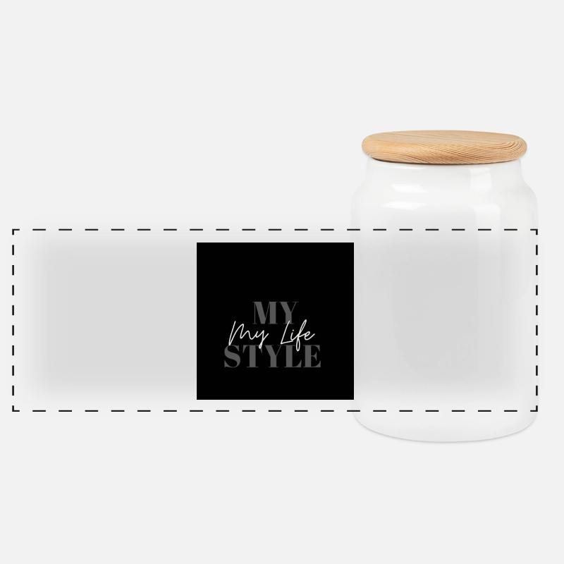 My Life Style Typo Script auf Schwarz - Panorama Keksdose mit Holzdeckel - Weiß