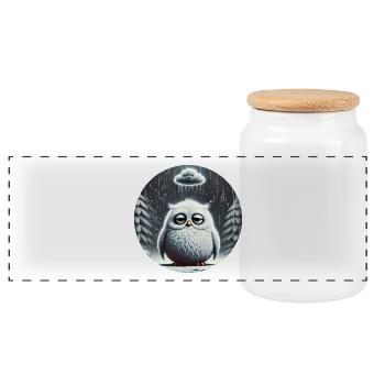 Owl Triste in freezing rain - Panoramic Cookie Jar with Wooden Lid - white - Front