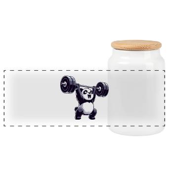Panda weightlifter with dumbbell - Panoramic Cookie Jar with Wooden Lid - white - Front